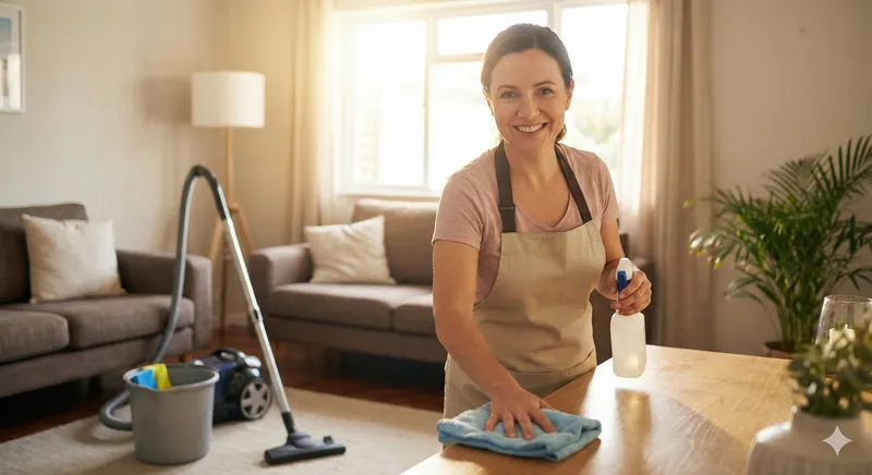Betrouwbare schoonmaker aan het werk met professionele schoonmaakmiddelen