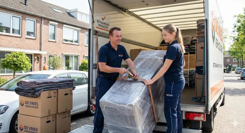 Betrouwbare verhuizers tillen verhuisdozen in verhuiswagen