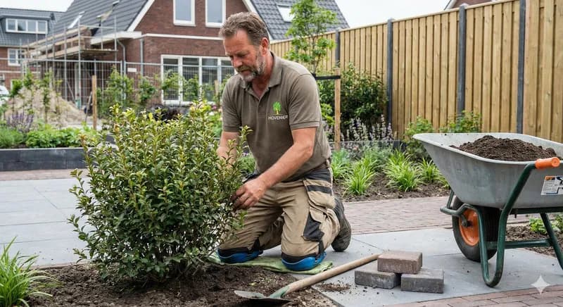Ervaren hovenier bezig met tuinaanleg en groenonderhoud