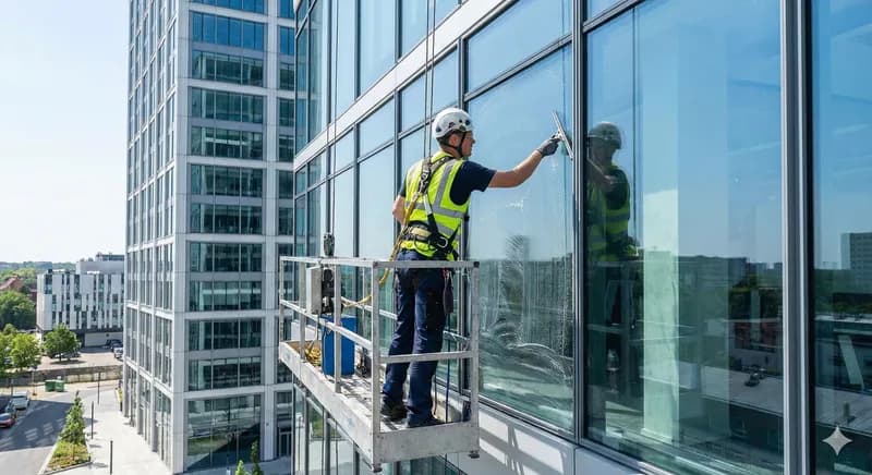 Professionele glazenwasser maakt ramen streeploos schoon