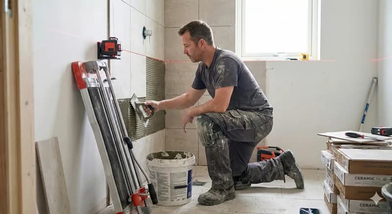 Professionele tegelzetter legt tegels in moderne badkamer