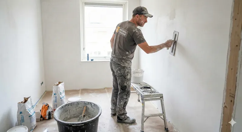 Vakkundige stukadoor brengt glad stucwerk aan op muur